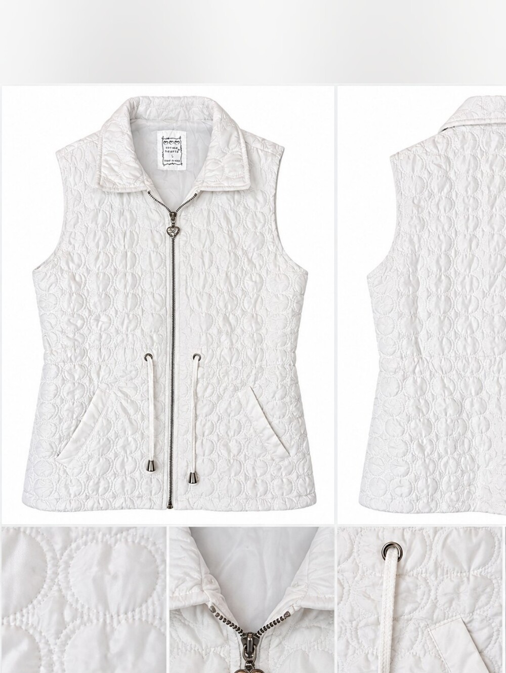 Three Hearts White Quilted Sleeveless Vest with Heart Zipper